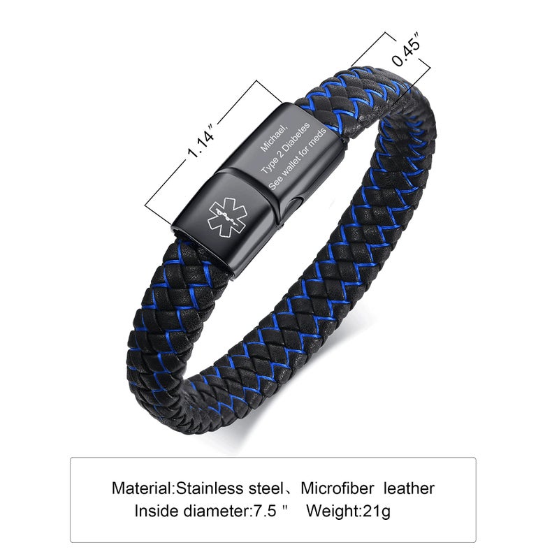 VNOX Medical Alert ID Blood THINNER Blue&Black Braided Leather Stainless Steel Cuff Bracelet - Image 4